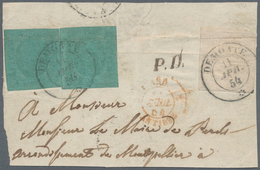Italien - Altitalienische Staaten: Sardinien: 1853, Two Items 5 C Blue-green Tied By Double Circle C - Sardinië