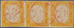 Italien - Altitalienische Staaten: Sardinien: 1862, 80 C Yellow, Horizontal Strip Of 3, Full Margins - Sardinien