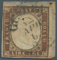 Italien - Altitalienische Staaten: Sardinien: 1862, 3 L Dark Copper Used On Small Piece Fragment, St - Sardinia