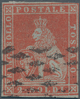 Italien - Altitalienische Staaten: Toscana: 1851, 2 Soldo Scarlet Red On Bluish Paper, Fair Margins, - Toscane