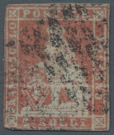 Italien - Altitalienische Staaten: Toscana: 1851, "2 So. Scarlett Red On Blue", Colour-typical Value - Toskana