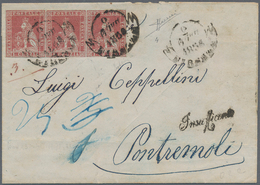 Italien - Altitalienische Staaten: Toscana: 1853, Lion 1 Cr. Carmine, Grey Paper VERTICAL STRIPE OF - Toscane
