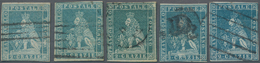 Italien - Altitalienische Staaten: Toscana: 1851, Seven Stamps 2 Cr. Greenish Blue On Grey Paper To - Toskana