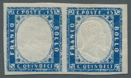 Italien: 1863, "15 C. Blue" Horizontal Pair With And Without Embossing, VF Mint With Full To Wide Ma - Neufs