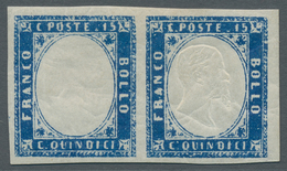 Italien: 1863, "15 C. Blue" Horizontal Pair With And Without Embossing, VF Mint With Full To Wide Ma - Ungebraucht