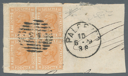 Italien: 1877, 20 C Orange, RARE Block Of Four On Large Fragment, Beautiful Cancelled By Barred Nume - Ongebruikt