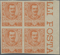 Italien: 1901. 20 C Orange, IMPERFORATED Archivial PROOF On Yellowish Gummed Paper, Block Of Four Wi - Ongebruikt