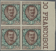 Italien: 1901. 1 L Brown And Green, IMPERFORATED Archivial PROOF On Greenish Gummed Paper, Block Of - Mint/hinged