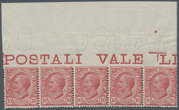 Italien: 1906, 10 C Brown-rose In Horizontal Stripe Of Five From The Upper Margin Of The Sheet, Mint - Ongebruikt