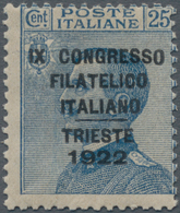 Italien: 1922. 25 C. Blue Of The Overprinted Series "Congresso Filatelico" With Variety: First "I" O - Nuevos