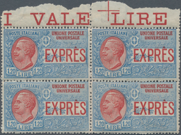 Italien: 1924. Special Delivery Stamp 1.60 On 1.20 L Blue/red In A Block Of 4 With Top Margin. Each - Mint/hinged