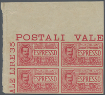 Italien: 1925/1926, 70 Cent. Carmine And 1.25 L Blue Each In Block Of Four Unused, Imperforted With - Nuevos