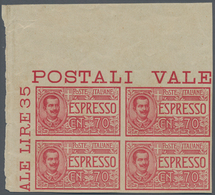 Italien: 1925/1926, 70 Cent. Carmine And 1.25 L Blue Each In Block Of Four Unused, Imperforted With - Ongebruikt