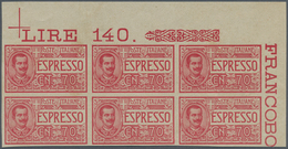 Italien: 1925, 70 C Carmine In Block Of Six, Upper Right Corner Edge, Imperforated, Mint Never Hinge - Nuevos