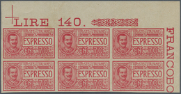 Italien: 1925, 70 C Carmine In Block Of Six, Upper Right Corner Edge, Imperforated, Mint Never Hinge - Ongebruikt