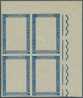 Italien: 1928, 20 C Blue Trial Print In Block Of Four From The Top Right Corner Sheet Margin, Imperf - Nuevos