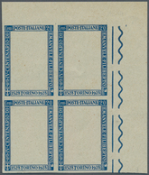 Italien: 1928, 20 C Blue Trial Print In Block Of Four From The Top Right Corner Sheet Margin, Imperf - Mint/hinged