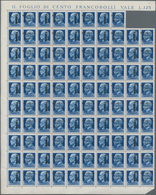 Italien: 1944, 1.25 L Blue Folded Original Sheet Of 100 Stamps (without Two Items), The Margin On Ri - Neufs
