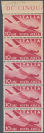 Italien: 1945, 10 L Rose-carmine In Vertical Stripe Of Five With Margin On Top, Two Stamps Printed O - Ongebruikt