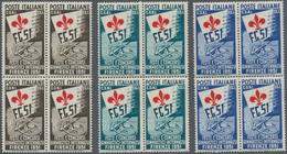 Italien: 1951 'Gymnastics' Set Of Three Each In Block Of Four, Plus Respective Blocks Of Four Of Tri - Mint/hinged
