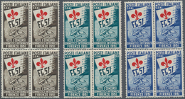 Italien: 1951 'Gymnastics' Set Of Three Each In Block Of Four, Plus Respective Blocks Of Four Of Tri - Ongebruikt