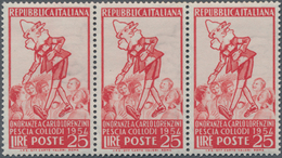 Italien: 1954, 25 L Red Horizontal Stripe Of Three, Mint Never Hinged (Sass. 3x 650.-) ÷ 1954, 25 L - Neufs