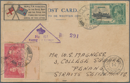 Malta: 1941 Postcard And A Cover Sent To PENANG, Straits Settlements, Both With Special "MALTA Is Gr - Malta
