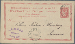 Norwegen - Ganzsachen: 1880, 2 Ganzsachenkarten 6 Gr. Rot Mit Text Und 10 Gr. GS.-Doppelkarte Grün M - Ganzsachen