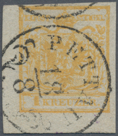 Österreich: 1850, 1 Kreuzer Ockerorange, Handpapier Type III, Kurzes Linkes Unteres Eckrandstück, En - Andere & Zonder Classificatie