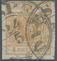 Österreich: 1850, 1 Kr. Wappen Handpapier Dunkelbraunorange Mit Teilstempel "DNESPEK 24/5", Quadrill - Autres & Non Classés