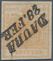 Österreich: 1850, 1 Kr. Wappen Handpapier Rötlichbraunorange Mit Komplettem Kursivstempel "DAUBA 28. - Altri & Non Classificati