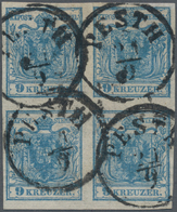 Österreich: 1850, 9 Kreuzer Blau, Dünnes Handpapier 0,065 Mm Im Viererblock, Die Beiden Rechten Mark - Otros & Sin Clasificación