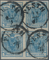 Österreich: 1850, 9 Kreuzer Blau, Dünnes Handpapier 0,065 Mm Im Viererblock, Die Beiden Rechten Mark - Other & Unclassified