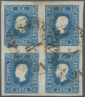 Österreich: 1858, (1.05 Kr Blau) Im 4er-Block Gestempelt, Die Marken Sind Breitrandig Geschnitten Un - Autres & Non Classés