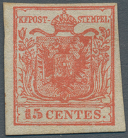 Österreich - Lombardei Und Venetien: 1850, 15 Cmi. Handpapier In Type I Der Platte 2 Zinnoberrot Mit - Lombardy-Venetia