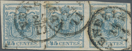 Österreich - Lombardei Und Venetien: 1850, 45 C Blau Type II Im Waager. 3er-Streifen Entwertet Mit K - Lombardije-Venetië