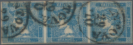 Österreich - Lombardei Und Venetien - Zeitungsmarken: 1850, Blauer Merkur Im Waagerechten 3er-Streif - Lombardo-Vénétie