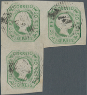 Portugal: 1855, Pedro 50r. Bluish Green, Used Block Of Three, Slight Imperfections. - Autres & Non Classés