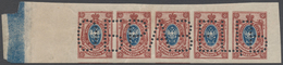 Russland: 1908, 15 K Brown Lilac/blue Imperf Stripe Of Five With Letter Perforation (Specimen) - Lettres & Documents