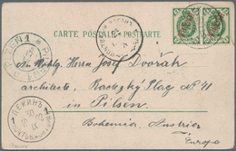 Russische Post In China: 1899, 2 K. Pair Tied Clear "PEKING 30 IX 1902" To Ppc To Plzn/Pilsen, Bohem - Chine