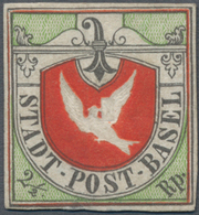 Schweiz - Basel: 1845, 2½ Rp. Schwarz/gelblichgrün/zinnoberrot, Probedruck Der Basler Taube, Farbfri - 1843-1852 Correos Federales Y Cantonales