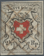 Schweiz: 1850 Poste Locale 2½ Rp. Schwarz/rot Mit KE, Type 16, Entwertet Mit Gekreuzten Tintenstrich - Usati