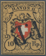 Schweiz: 1850 Rayon II 10 Rp. Schwarz/rot/tieforangegelb (sog. "Tabak") Ohne KE, Type 24, Stein A1-U - Used Stamps
