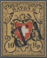 Schweiz: 1850 Rayon II 10 Rp. Schwarz/rot/tieforangegelb (sog. "Tabak") Ohne KE, Type 24, Stein A1-U - Oblitérés