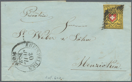 Schweiz: 1850, 10 Rp RAYON II Ohne Kreuzeinfassung, Type 16, Stein B-RU Auf Faltbrief Von RHEINFELDE - Oblitérés