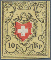 Schweiz: 1850 Rayon II 10 Rp. Schwarz/rot/gelb, Type 5 Vom Stein E-LO Mit 'Plattenfehler' "Obere Ran - Usati
