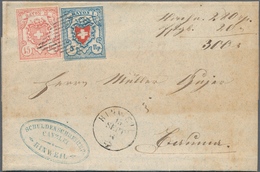 Schweiz: 1850/52 Rayon I 5 Rp. Rot/hellblau, T. 34, Stein C1-LO Und Rayon III 15 Rp., Type 3, Zusamm - Used Stamps