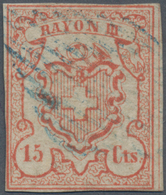 Schweiz: 1852, 15 Rp. Dunkelrosarot Entwertet Mit Sauberem Blauem Rautenstempel Mit Plattenfehler „F - Used Stamps