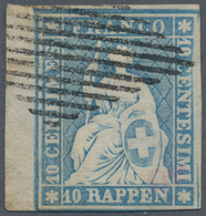 Schweiz: 1854, 10 Rp Blau Sitzende Helvetia, Sog. 'Strubel-Ausgabe', Auf Sehr Dünnem Münchener Papie - Usati