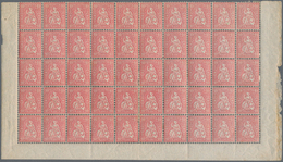 Schweiz: 1881 Sitzende Helvetia 10 Rp. Rot Auf Faserpapier, 200 Marken In Vier Unteren Halbbogen Zu - Gebruikt